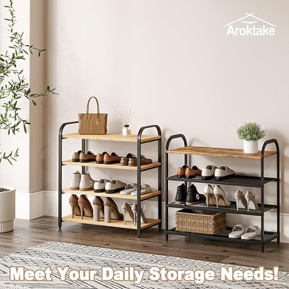 4-Tier Shoe Rack with Large Capacity, Metal Shoe Shelf Organizer, Free Standing Shoe Rack for Front Door Entrance Entryway Hallway Living Room Doorway (11.02"D x 24.41"W x 23.62"H, Rustic)