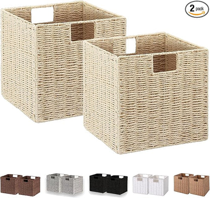 Vagusicc Wicker Storage Basket, Set of 2 Hand-Woven Paper Rope Storage Baskets, Foldable Cube Storage Organizer Bins, 11 Inch Wicker Storage Baskets for Shelves and Decor, Square Storage Basket, Beige