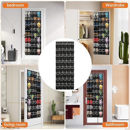 40-Pocket Over the Door Shoe Organizer - Large Mesh Pocket Hanging Shoe Organizer,Behind the Door Shoes Storage Holder Hanger (Black-W)