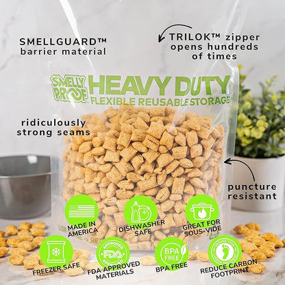 Smelly Proof HEAVY DUTY Reusable STAND-UP Bags for Food Storage, USA Made, NO PEVA & BPA FREE, Reusable Freezer Bags, Dishwasher-Safe, Triple Zip, CLEAR 5-mils XXL 2-Gallon 12" x 16" - 5pk