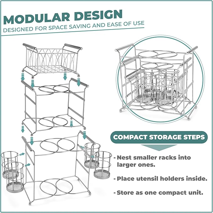 Sorbus Buffet Caddy — 7-Piece Stackable Set Includes Plate, Napkin, and Silverware Holder, 3-Tier Detachable Tabletop Organizer Ideal for Kitchen, Dining, Entertaining, Parties, Thanksgiving (Silver)