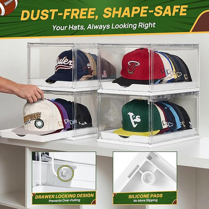 Vtopmart 2 Pack Hat Organizer for Baseball Caps, Clear Hats Holder Box with Drawer, Large Cap Storage with Sliding Tray, Stackable Rack Display Case with Magnetic Door, Each Holds 12 Hats