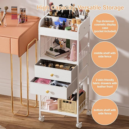 Makeup Organizer, Make Up Skincare Organizers and Storage, Makeup Cart with Drawers, Vanity Cosmetics Display Cases Holder for Skin Care Nail Perfume Hair, White