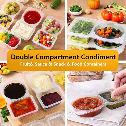 30pcs Reusable Snack Containers with Lids,2025 New 2 Compartment Plastic Containers for Pack Snacks,Leakproof Double Compartment Condiment Pack for Meal Prep, Portion Control,On-the-Go School Travel
