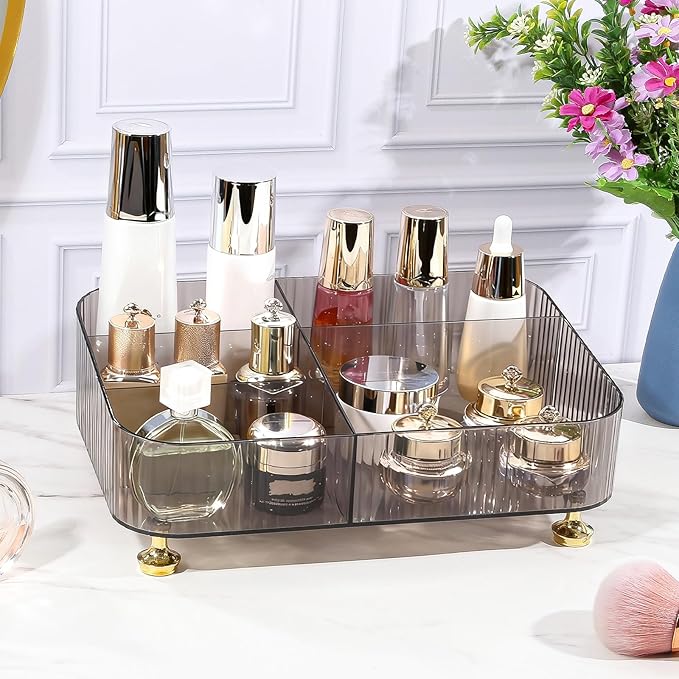 DASITON Makeup Organizer Countertop for Vanity, 5 Slots Makeup Brush Holder Organizer, Vintage Makeup Perfume Tray Cosmetic and Skincare Organizers for Bedroom Bathroom Counter, Desk Storage (Grey)