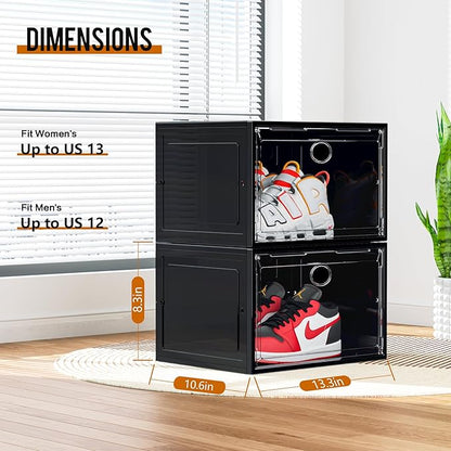 KEFA XL Shoe Storage Box Organizer, 8 Pack Shoe Boxes Clear Plastic Stackable, Sneaker Display Case Container Fit for US 13 (Side 8 PACK BLACK)