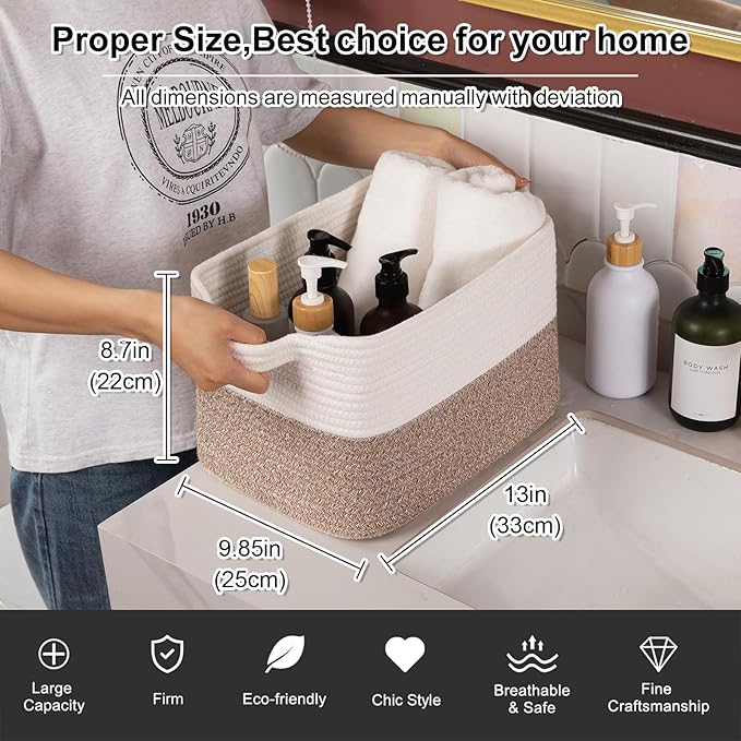 OIAHOMY Woven Storage Basket for Shelves, Rectangle Cotton Rope Baskets for Organizing, 13 x 10 x 9 in, Storage Bins for Dog Toys,Towel,Books,Gift,Flax Brown and White