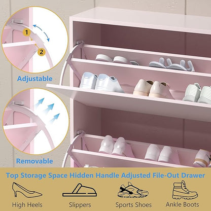 Shoe Storage Cabinet for Entryway, Pink Shoe Cabinet with 3 Flip Drawers, Hidden Shoes Rack Freestanding Storage Organizer for Entryway,Closet, Living Room,Hallway 47.24"H × 31.50"W × 9.44"D