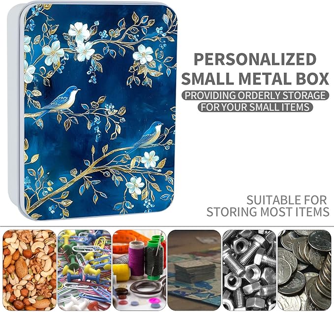 Exquisite Metal Tin Box Sturdy Metal Storage Box with Lid, Blue Birds Flowers Large Container Holder for TCG Cards, Car Keys, Cookies, Tin Containers for Gift, 5.0x3.7x1.6 Inch