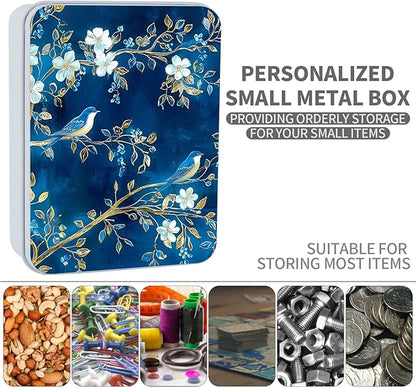 Exquisite Metal Tin Box Sturdy Metal Storage Box with Lid, Blue Birds Flowers Large Container Holder for TCG Cards, Car Keys, Cookies, Tin Containers for Gift, 5.0x3.7x1.6 Inch