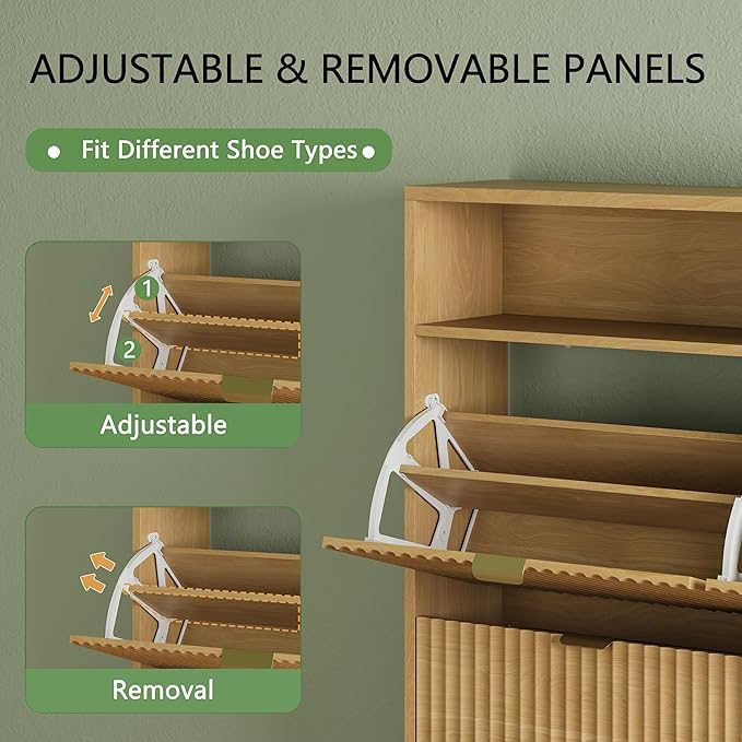 Xixini Shoe Cabinet with 4 Flip Drawers, 46" Tall Hidden Fluted Shoe Storage Organizer for Entryway, Narrow Slim Wooden Shoe Rack Cabinet for Front Door Entrance, Hallway, Living Room, Natural Oak