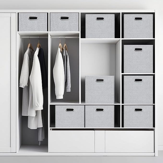 Posprica Closet Organizers and Storage, 4 Pack Large Linen Storage Bins, Decorative Shelf Storage Baskets for Organizing, Foldable Fabric Storage Box for Clothes, Toy, 16.5x12x10.25 Inch(Grey)