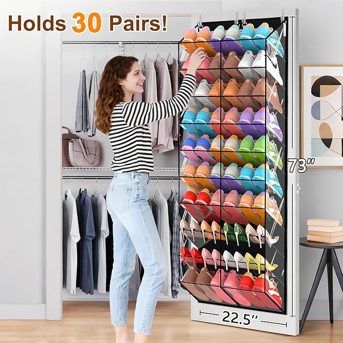 20-30 Pairs Over the Door Shoe Organizer, Transparent PVC Hanging Shoe Rack for Closet, 10-Tier Door Shoes Storage, Crystal-Clear Visibility Fit All the Family's Sneakers, Boots, Heels, Black Frame