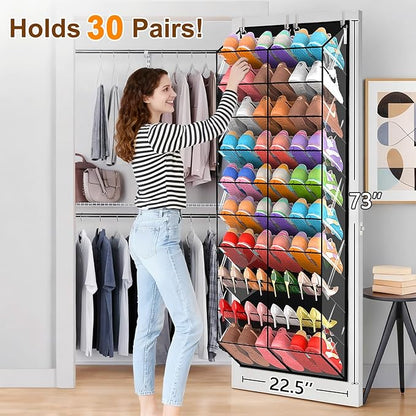 20-30 Pairs Over the Door Shoe Organizer, Transparent PVC Hanging Shoe Rack for Closet, 10-Tier Door Shoes Storage, Crystal-Clear Visibility Fit All the Family's Sneakers, Boots, Heels, Black Frame