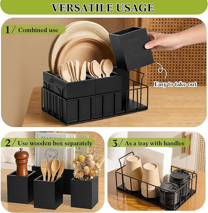 Silverware Holder for Party, Wood Utensil Holder with 4 Removable Compartments for Countertop, Silverware Caddy Flatware Organizer Box for Utensil Spoons Forks Plates Napkin, Detachable Sevring Caddy