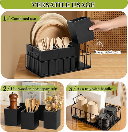Silverware Holder for Party, Wood Utensil Holder with 4 Removable Compartments for Countertop, Silverware Caddy Flatware Organizer Box for Utensil Spoons Forks Plates Napkin, Detachable Sevring Caddy