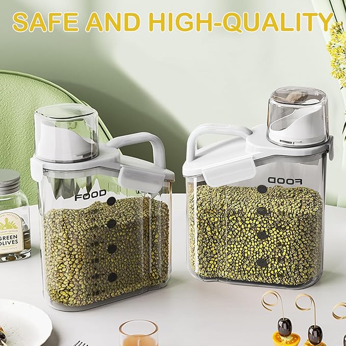 8.27" x 4.33" x 10.63" Dry Food Storage Container with Measuring Cup Lid – 2L Cereal Dispenser Rice Storage Box with Handle – BPA-Free Airtight Grain Container for Kitchen, Pantry, or Pet Food
