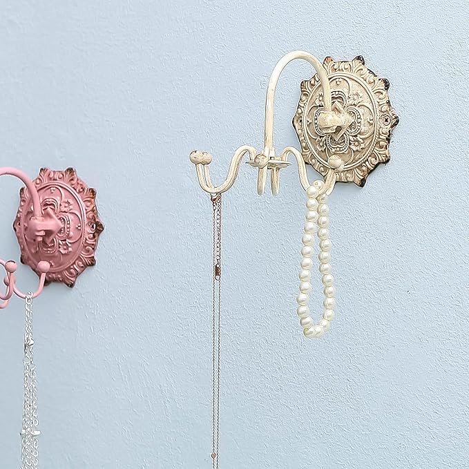 NIKKY HOME Wall Mounted Hooks Jewelry Organizer Rustic Hanging Vintage Decorative Shabby Chic Jewelry Storage Display Hanger for Necklace, Earrings, Rings, Belt, Hat, Gift for Women Girl Lady, white