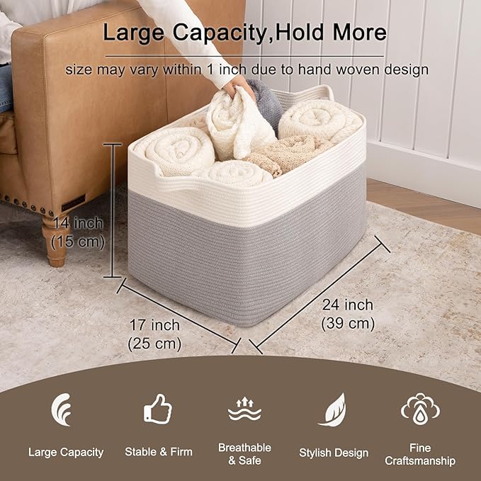 OIAHOMY Extra Large Blanket Basket, 95L Cotton Rope Woven Laundry Basket, Toy Bin for Baby Room, Container for Blanket Storage in Living Room, 24''×17''×14'', Grey & White