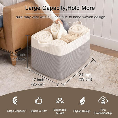 OIAHOMY Extra Large Blanket Basket, 95L Cotton Rope Woven Laundry Basket, Toy Bin for Baby Room, Container for Blanket Storage in Living Room, 24''×17''×14'', Grey & White
