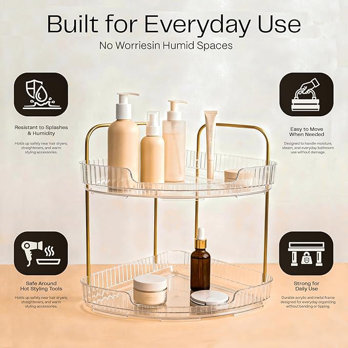 2-Tier Acrylic Corner Bathroom Organizer with Handle Round Skincare & Makeup Storage Tray, Waterproof, Lightweight, Heat Resistant Vanity Shelf for Countertop, Kitchen, Bedroom, Dresser