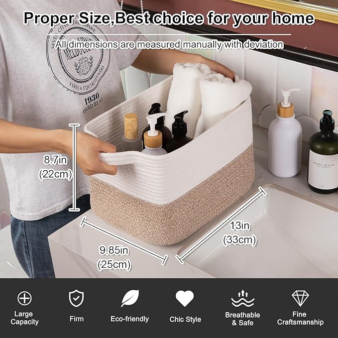 OIAHOMY Woven Storage Basket for Shelves, Rectangle Cotton Rope Baskets for Organizing, 13 x 10 x 9 in, Storage Bins for Dog Toys,Towel,Books,Gift,Brown and White