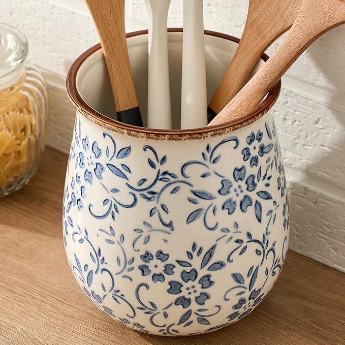 Utensil Holder for Kitchen Counter, Modern Farmhouse Cooking Utensil Holder and Crock Home Kitchen Decor, Ceramic Utensil Organizer for Spatula, Ladle, Eggbeater, Rolling Pin- Blue and White Porcelain