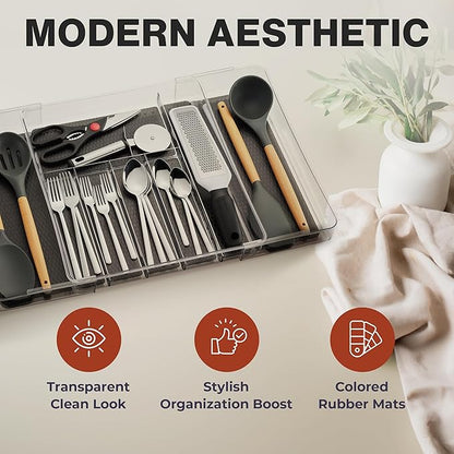 Masirs Expandable Utensil Drawer Organizer - BPA-Free Plastic Clear Silverware Tray with Multiple Compartments - Non-Slip Cutlery Storage for Kitchen, Bathroom, or Office Drawers (Black)