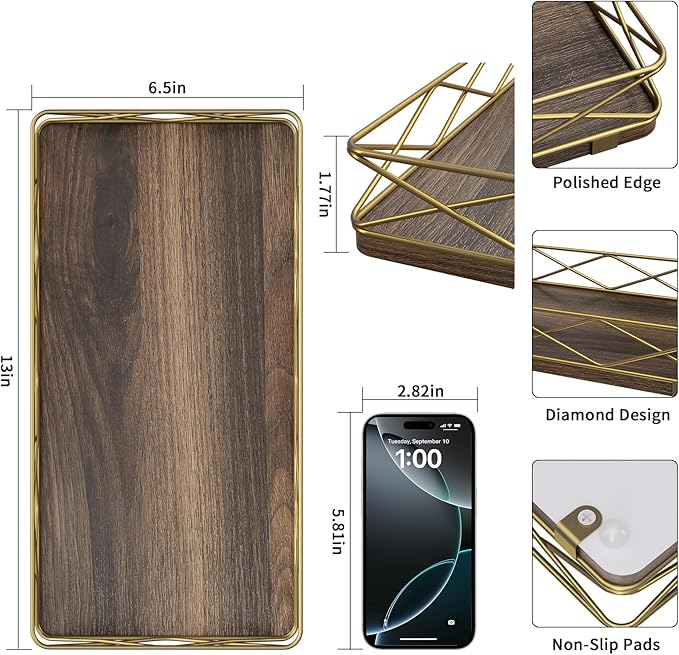 Lixple Toilet Paper Basket Holder, 13" Toilet Tank Tray, Wood and Metal Toilet Tray Vanity Organizer Bathroom Tray, Kitchen Sink Organizer for Soap Dispenser (Brown+Gold)