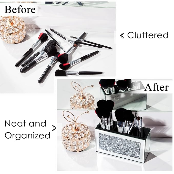 SHYFOY Mirrored Makeup Brush Holder Organizer, 3 Slot Glass Cosmetics Brushes Storage Holders with Crystal Crushed Diamond, Cute Pen and Pencil Holder for Desk, Eyeliners Display Case for Vanity