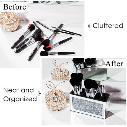SHYFOY Mirrored Makeup Brush Holder Organizer, 3 Slot Glass Cosmetics Brushes Storage Holders with Crystal Crushed Diamond, Cute Pen and Pencil Holder for Desk, Eyeliners Display Case for Vanity