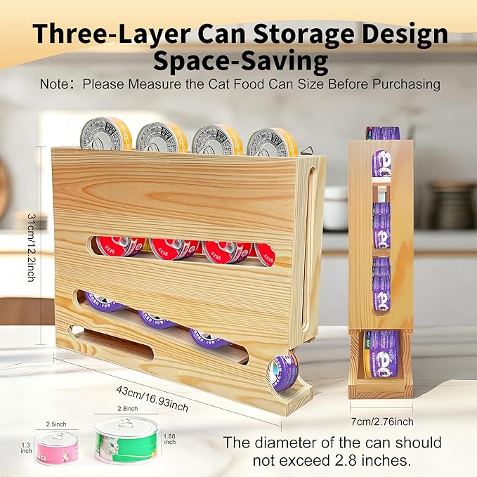 Wood Cat Food Can Organizer, 3-Tier Stackable FIFO Pantry Organizer, Holds 21(3oz) Cans, Upgraded Wall-Mounted Pet Food Can Container for Kitchen Cabinet & Countertop（No Installation Required）