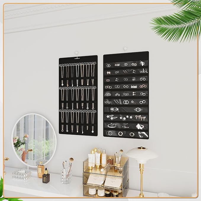 Hanging Jewelry Organizer Storage Roll, Double-Sided Necklaces Holder, 42 Pockets Plus 36 hooks Earrings Organizer Hang in Closet, On Wall, or Doors, Black