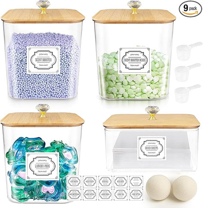 Laundry Detergent Container Set (4 Jars) with Bamboo Lids | Storage Jars Organizers for Pods, Powder, Beads & Liquid Soap Includes 2 Wool Dryer Balls | Laundry Room Organization Essentials