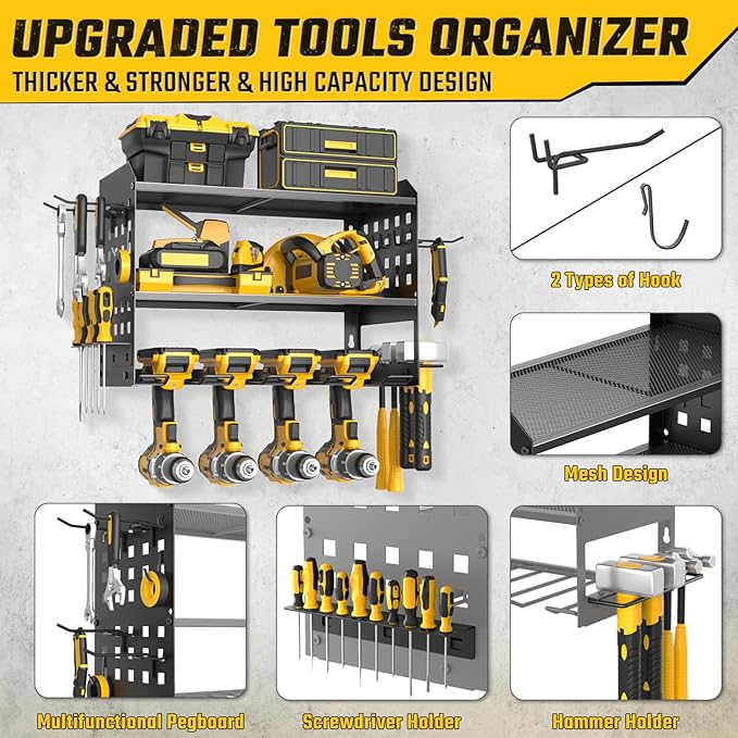 SUNALLY Power Tool Organizer, Heavy Duty Wall Mount Tool Organizer 3 Layers with 4 Drill Holders, Garage Tools Storage Rack with 2 Side Pegboards and Hooks for Workshop, Shed, Black