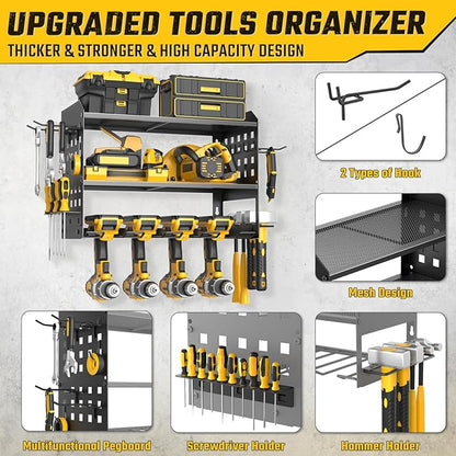 SUNALLY Power Tool Organizer, Heavy Duty Wall Mount Tool Organizer 3 Layers with 4 Drill Holders, Garage Tools Storage Rack with 2 Side Pegboards and Hooks for Workshop, Shed, Black