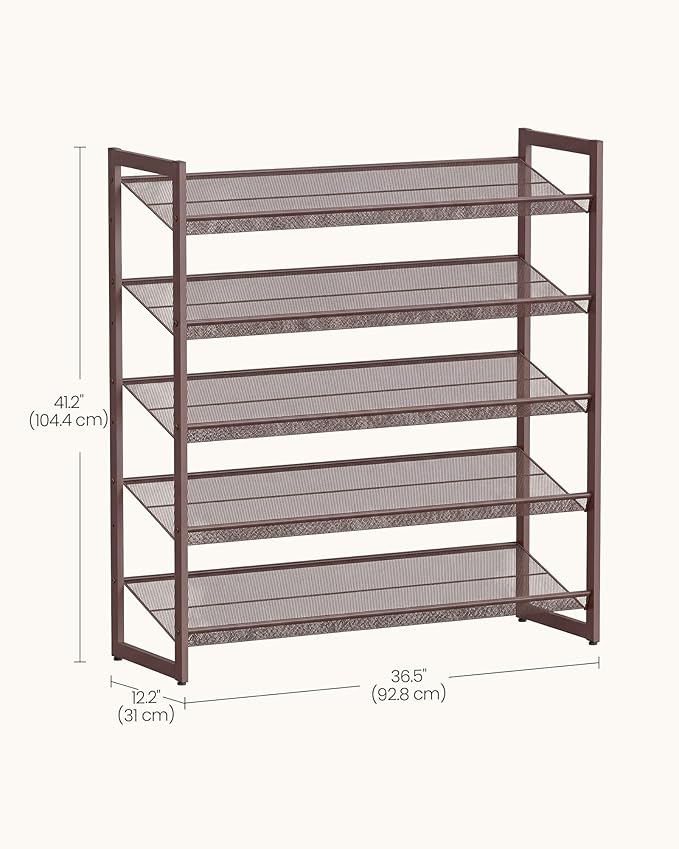 SONGMICS HOME 5-Tier Stackable Shoe Rack, Metal Shoe Organizer for Closet, Entryway, Garage, Flat or Slanted Mesh Shelves, Brown
