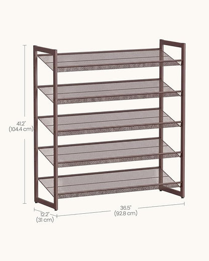 SONGMICS HOME 5-Tier Stackable Shoe Rack, Metal Shoe Organizer for Closet, Entryway, Garage, Flat or Slanted Mesh Shelves, Brown