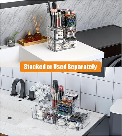 SuoXing 3 Pack Clear Acrylic Makeup Organizer for Vanity With 9 Drawer, Skincare Organizers Countertop With Make up Brush Holder,Bathroom Make up Drawer Storage for Beauty,Hair Accessories Organizer | Cute, with Brush Holder, Lipstick