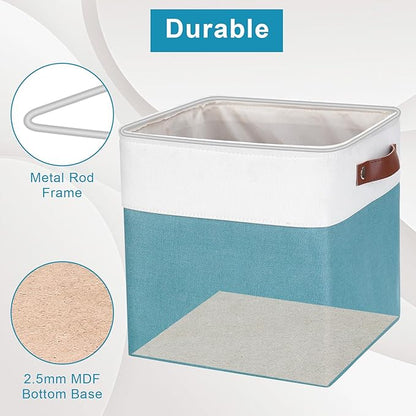 Bagnizer Collapsible Fabric Storage Cubes 11x11 Cube Storage Bins, 4 Pack Closet Baskets Box with Handles for Organizing, Shelf, Toys, Clothes, Home, Office, Nursery (Teal&White)