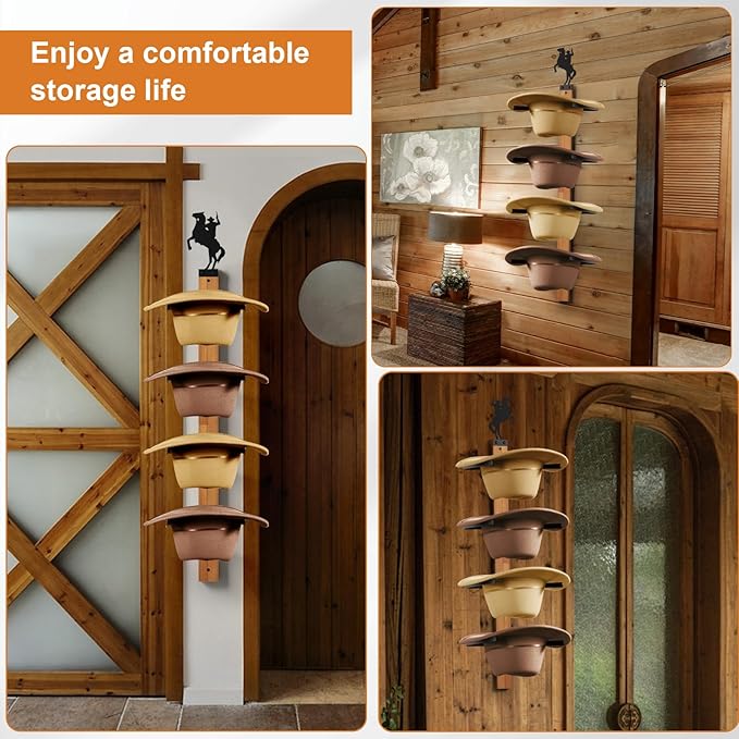 Cowboy Hat Rack, 4 Pieces Hat Rack for Cowboy with Wooden Board, Gift Cowboy Hat Holder Wall Storage-Organizer Western Hats with Style and Ease