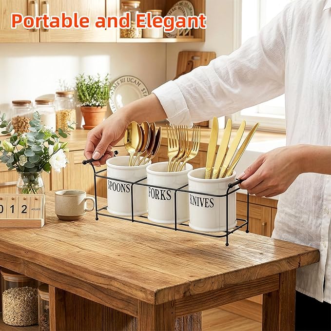 Bekith 3-Piece White Ceramic Silverware Caddy with Black Metal Rack, Utensil Holder Flatware Caddy Cutlery Storage Organizer for Kitchen Table, Cabinet or Pantry