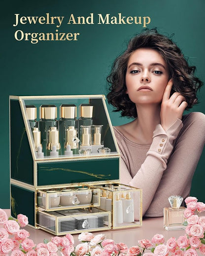 CoralHouse Makeup Organizer Countertop,Green Makeup Organizer with Drawer, Skincare Holder for Bathroom Countertop,Cosmetic Display Case for Dresser.