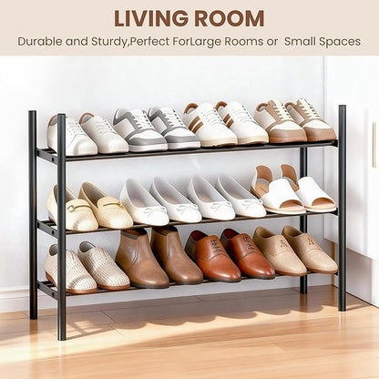 AceMining 3-Tier Expandable Shoe Rack, Adjustable Shoe Rack Shoe Organizer Shoe Shelf, Free Standing Shoe Racks Heavy Duty Metal for Closet Entryway Closet Doorway Front Door Entrance，Black
