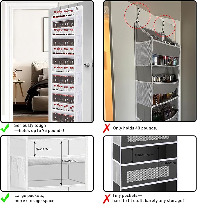 over the door organizer, Solid Bamboo Board (Not Plastic!) 6-Tier Heavy Duty 75LB, 12 Side Pockets, 3 Reinforced Hooks & Anti-Slip Pads, Waterproof & Washable, No Sagging, No Door Damage,White