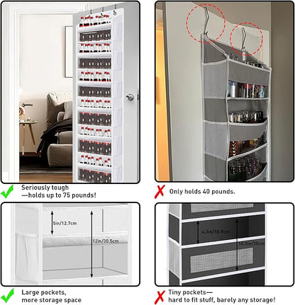 over the door organizer, Solid Bamboo Board (Not Plastic!) 6-Tier Heavy Duty 75LB, 12 Side Pockets, 3 Reinforced Hooks & Anti-Slip Pads, Waterproof & Washable, No Sagging, No Door Damage,White