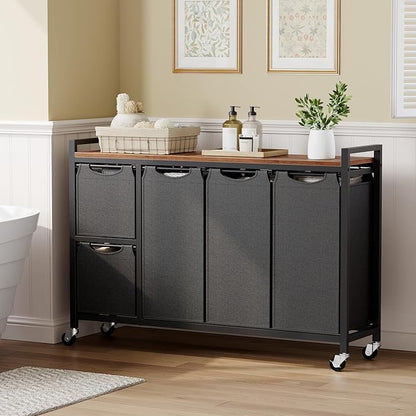 HOOBRO Laundry Sorter with 5 Sections, 45.5 Gal. (170 L) Laundry Hamper with Wheels and Shelf, Large Capacity, Laundry Basket with Removable Bags, 44.1"L x 11.8"W x 31.5"H, Rustic Brown, BF26XY01