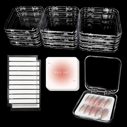 Qsnidy 9 Pcs Press On Nail Storage Box, Transparent Acrylic Fake Nail Case with 9 Display Cards and 2 Sheets of Double-Sided Adhesive Tape (20 Strips) for Nail Art Home Salon Packaging Use