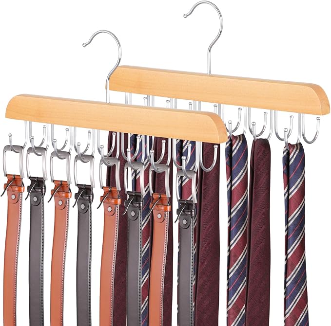 Belt Hanger for Closet, 2 Pack Closet Organizers and Storage Belt Rack Max 48 Belts, Multifunction Wooden Hanger Tie Rack