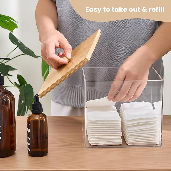 Puricon Acrylic Disposable Facial Towels Holder, Clear Storage Bin with Wood Lid Compatible with Clean Skin Club Towel (NOT Included), Face Towelettes Container for Bathroom Counter -Original